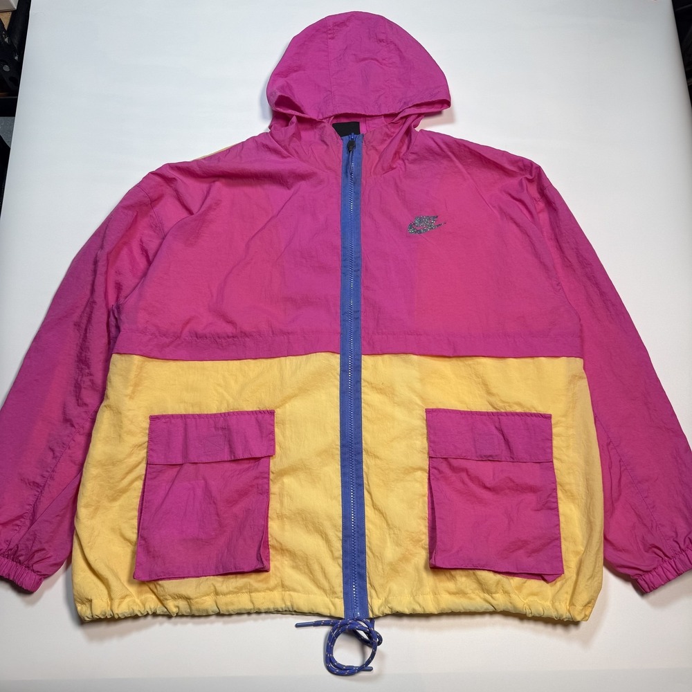 Nike Retro Windbreaker Womens XL Pink Yellow Colorblock Jacket Hooded CJ2295-601